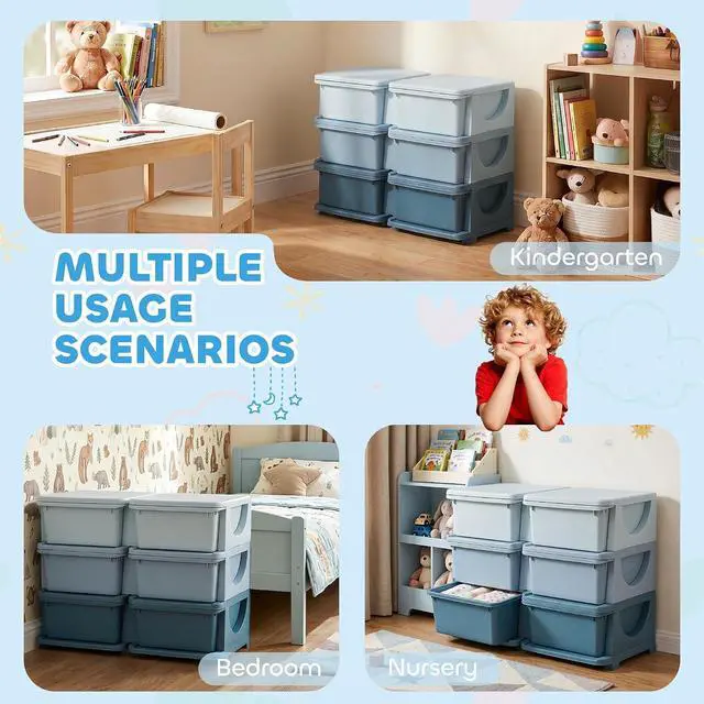 Alt view image 5 of 7 - Qaba 6 Drawers Kids Storage Unit 3 Tier Toy Organizers Blue | Stackable Storage Chest, Bedroom, Nursery, Playroom, Living Room, Boys, Girls, Toddlers