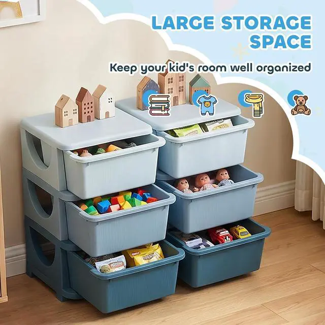 Alt view image 4 of 7 - Qaba 6 Drawers Kids Storage Unit 3 Tier Toy Organizers Blue | Stackable Storage Chest, Bedroom, Nursery, Playroom, Living Room, Boys, Girls, Toddlers
