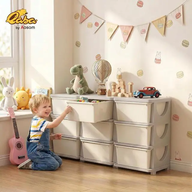 Alt view image 2 of 7 - Qaba 9 Drawers Kids Storage Unit 3 Tier Toy Organizers Cream White | Stackable Storage Chest, Bedroom, Nursery, Playroom, Living Room, Boys, Girls, Toddlers