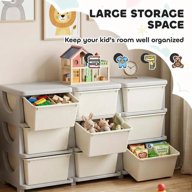 Alt view image 4 of 7 - Qaba 9 Drawers Kids Storage Unit 3 Tier Toy Organizers Cream White | Stackable Storage Chest, Bedroom, Nursery, Playroom, Living Room, Boys, Girls, Toddlers