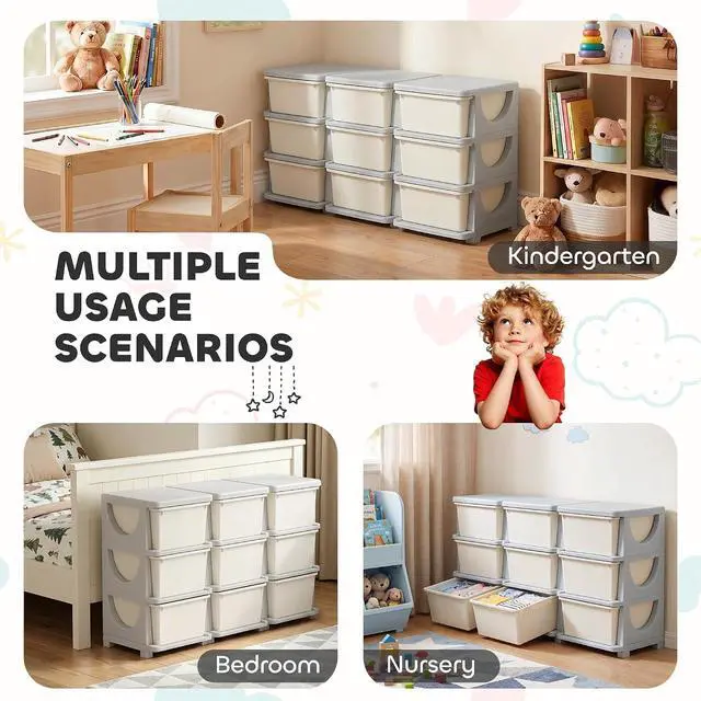 Alt view image 5 of 7 - Qaba 9 Drawers Kids Storage Unit 3 Tier Toy Organizers Cream White | Stackable Storage Chest, Bedroom, Nursery, Playroom, Living Room, Boys, Girls, Toddlers