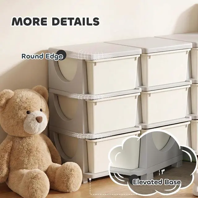Alt view image 7 of 7 - Qaba 9 Drawers Kids Storage Unit 3 Tier Toy Organizers Cream White | Stackable Storage Chest, Bedroom, Nursery, Playroom, Living Room, Boys, Girls, Toddlers