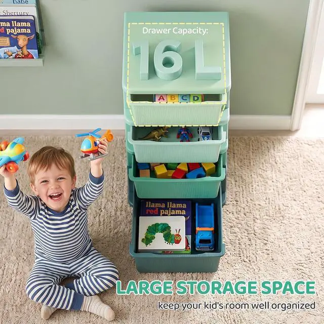 Alt view image 4 of 7 - Qaba 4 Drawers Kids Storage Unit 4 Tier Toy Organizers Green | Stackable Storage Chest, Bedroom, Nursery, Playroom, Living Room, Boys, Girls, Toddlers
