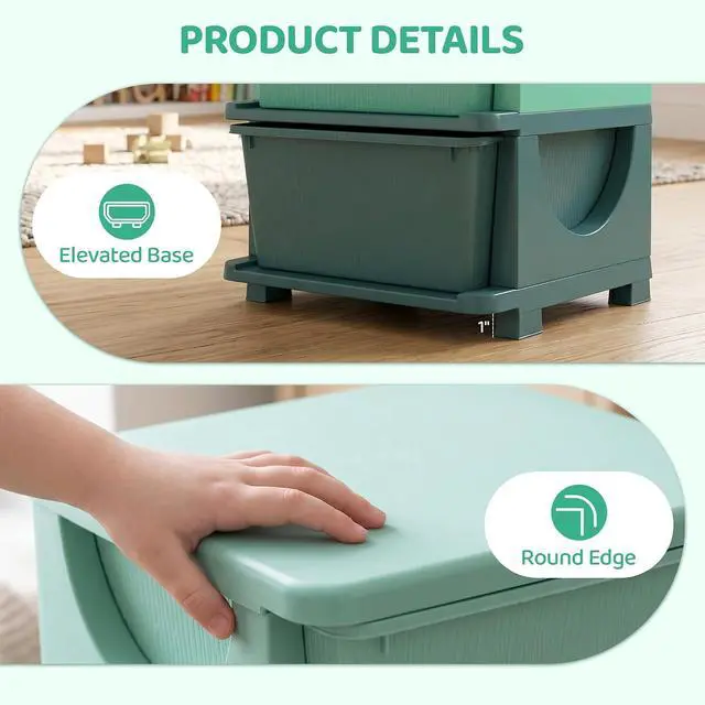 Alt view image 5 of 7 - Qaba 3 Drawers Kids Storage Unit 3 Tier Toy Organizers Green | Stackable Storage Chest, Bedroom, Nursery, Playroom, Living Room, Boys, Girls, Toddlers