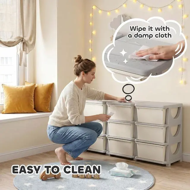 Alt view image 6 of 7 - Qaba 9 Drawers Kids Storage Unit 3 Tier Toy Organizers Cream White | Stackable Storage Chest, Bedroom, Nursery, Playroom, Living Room, Boys, Girls, Toddlers