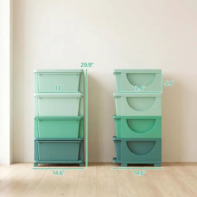 Alt view image 3 of 7 - Qaba 4 Drawers Kids Storage Unit 4 Tier Toy Organizers Green | Stackable Storage Chest, Bedroom, Nursery, Playroom, Living Room, Boys, Girls, Toddlers