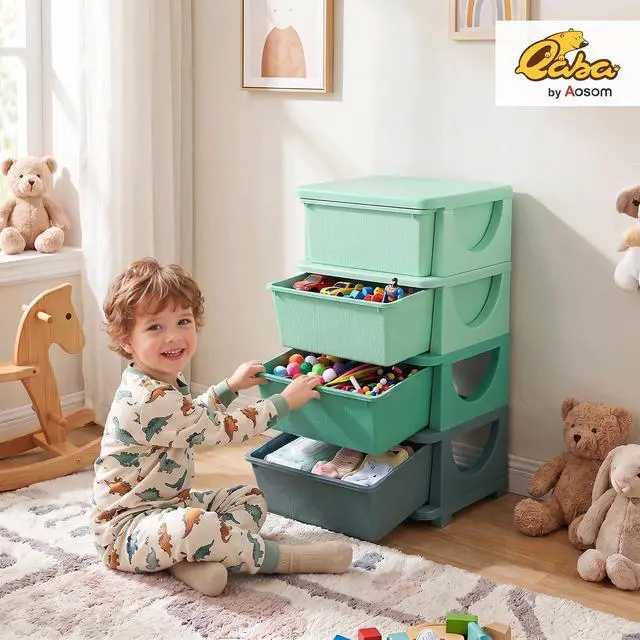 Alt view image 2 of 7 - Qaba 4 Drawers Kids Storage Unit 4 Tier Toy Organizers Green | Stackable Storage Chest, Bedroom, Nursery, Playroom, Living Room, Boys, Girls, Toddlers