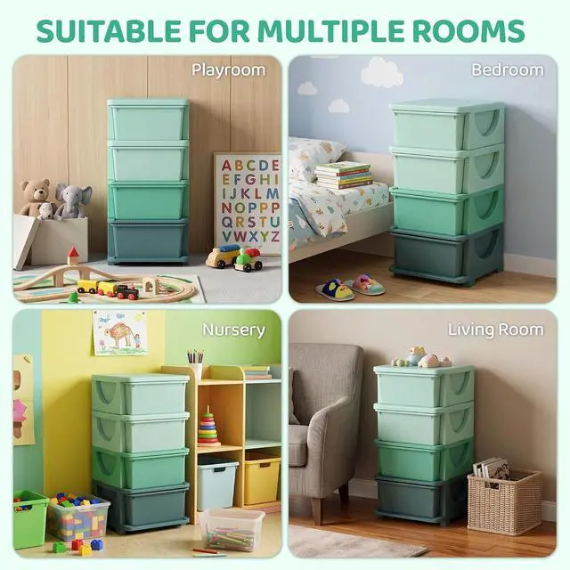 Alt view image 6 of 7 - Qaba 4 Drawers Kids Storage Unit 4 Tier Toy Organizers Green | Stackable Storage Chest, Bedroom, Nursery, Playroom, Living Room, Boys, Girls, Toddlers