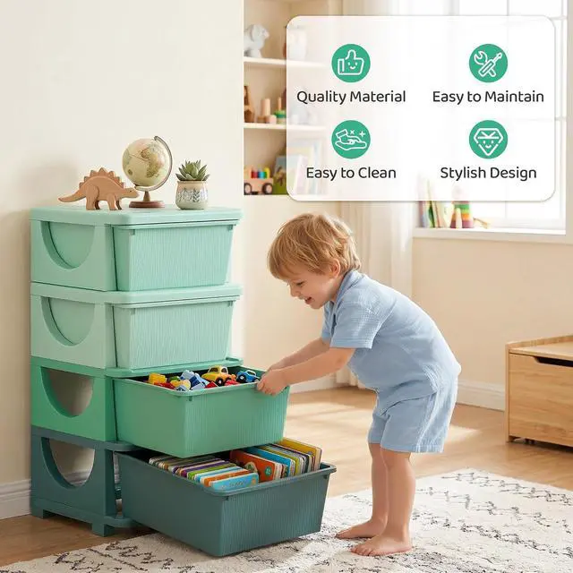 Alt view image 7 of 7 - Qaba 4 Drawers Kids Storage Unit 4 Tier Toy Organizers Green | Stackable Storage Chest, Bedroom, Nursery, Playroom, Living Room, Boys, Girls, Toddlers