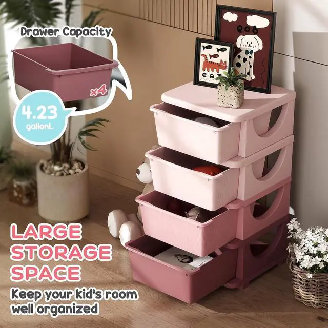 Alt view image 3 of 7 - Qaba 4 Drawers Kids Storage Unit 4 Tier Toy Organizers Pink | Stackable Storage Chest, Bedroom, Nursery, Playroom, Living Room, Boys, Girls, Toddlers