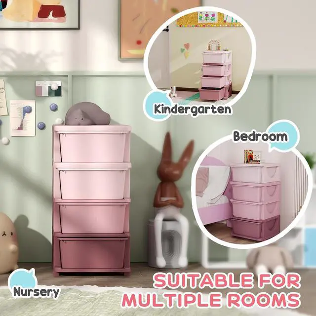 Alt view image 5 of 7 - Qaba 4 Drawers Kids Storage Unit 4 Tier Toy Organizers Pink | Stackable Storage Chest, Bedroom, Nursery, Playroom, Living Room, Boys, Girls, Toddlers