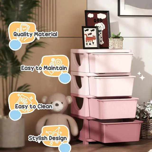 Alt view image 6 of 7 - Qaba 4 Drawers Kids Storage Unit 4 Tier Toy Organizers Pink | Stackable Storage Chest, Bedroom, Nursery, Playroom, Living Room, Boys, Girls, Toddlers