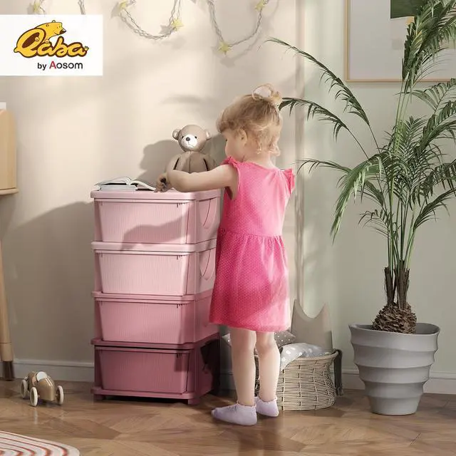 Alt view image 2 of 7 - Qaba 4 Drawers Kids Storage Unit 4 Tier Toy Organizers Pink | Stackable Storage Chest, Bedroom, Nursery, Playroom, Living Room, Boys, Girls, Toddlers