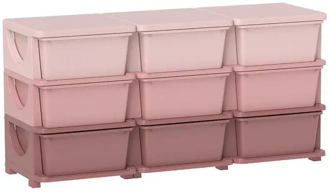 Main image of Qaba 9 Drawers Kids Storage Unit 3 Tier Toy Organizers Pink | Stackable Storage Chest, Bedroom, Nursery, Playroom, Living Room, Boys, Girls, Toddlers