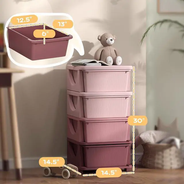 Alt view image 7 of 7 - Qaba 4 Drawers Kids Storage Unit 4 Tier Toy Organizers Pink | Stackable Storage Chest, Bedroom, Nursery, Playroom, Living Room, Boys, Girls, Toddlers