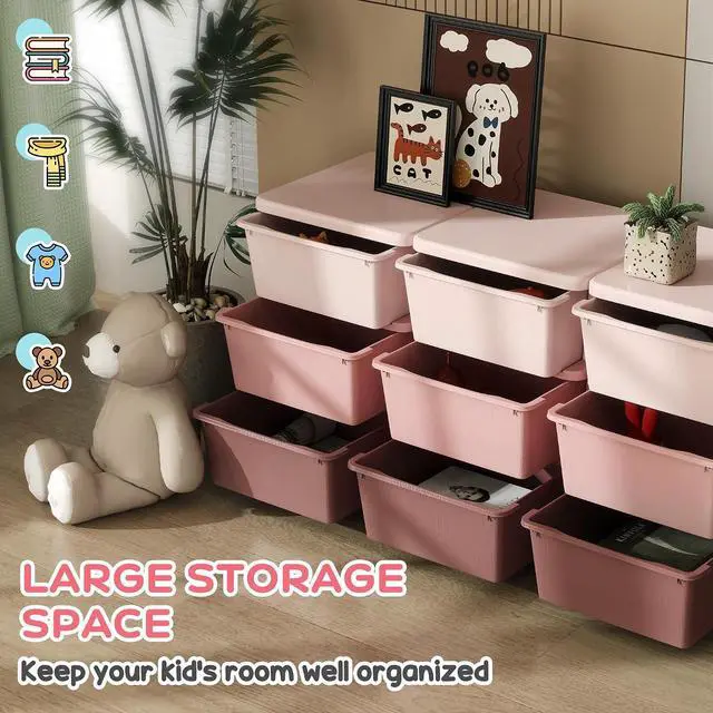 Alt view image 3 of 7 - Qaba 9 Drawers Kids Storage Unit 3 Tier Toy Organizers Pink | Stackable Storage Chest, Bedroom, Nursery, Playroom, Living Room, Boys, Girls, Toddlers