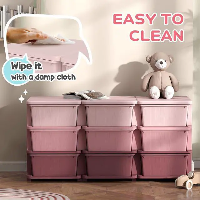 Alt view image 5 of 7 - Qaba 9 Drawers Kids Storage Unit 3 Tier Toy Organizers Pink | Stackable Storage Chest, Bedroom, Nursery, Playroom, Living Room, Boys, Girls, Toddlers
