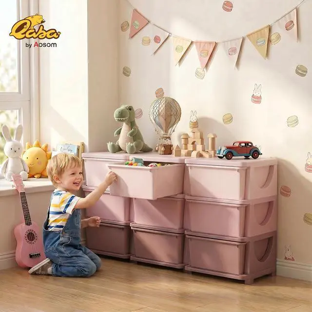 Alt view image 2 of 7 - Qaba 9 Drawers Kids Storage Unit 3 Tier Toy Organizers Pink | Stackable Storage Chest, Bedroom, Nursery, Playroom, Living Room, Boys, Girls, Toddlers