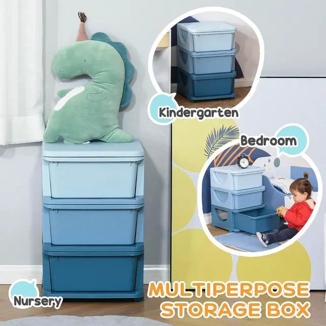 Alt view image 6 of 7 - Qaba 3 Drawers Kids Storage Unit 3 Tier Toy Organizers Blue | Stackable Storage Chest, Bedroom, Nursery, Playroom, Living Room, Boys, Girls, Toddlers