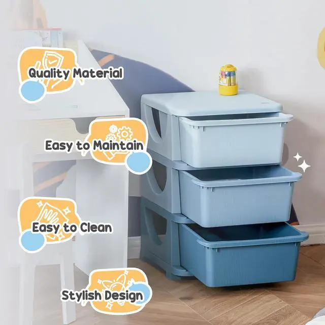 Alt view image 7 of 7 - Qaba 3 Drawers Kids Storage Unit 3 Tier Toy Organizers Blue | Stackable Storage Chest, Bedroom, Nursery, Playroom, Living Room, Boys, Girls, Toddlers
