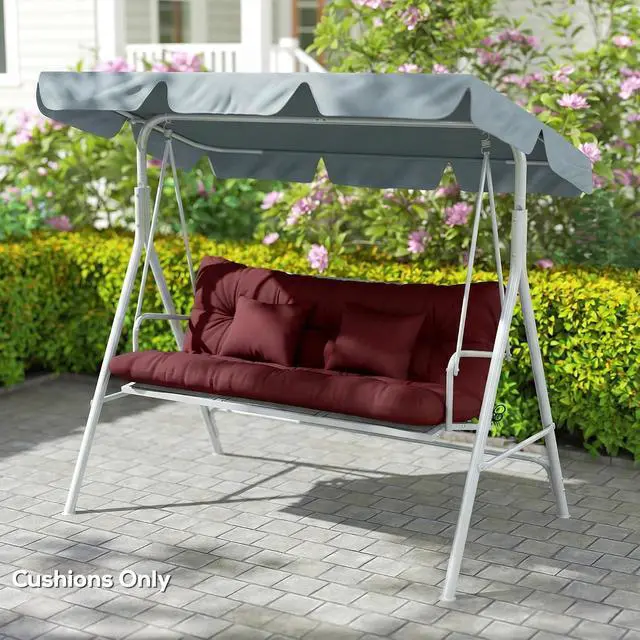 Alt view image 7 of 7 - 59" Tufted Bench Cushions & Throw Pillows 4 Piece Wine Red | Swing Cushion Set, Indoor/Outdoor Replacement Bench Seat Pad,with Back & 2 Pillows, for Outdoor Furniture, WITHOUT SWING