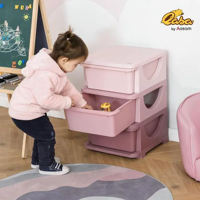 Alt view image 2 of 7 - Qaba 3 Drawers Kids Storage Unit 3 Tier Toy Organizers Pink | Stackable Storage Chest, Bedroom, Nursery, Playroom, Living Room, Boys, Girls, Toddlers