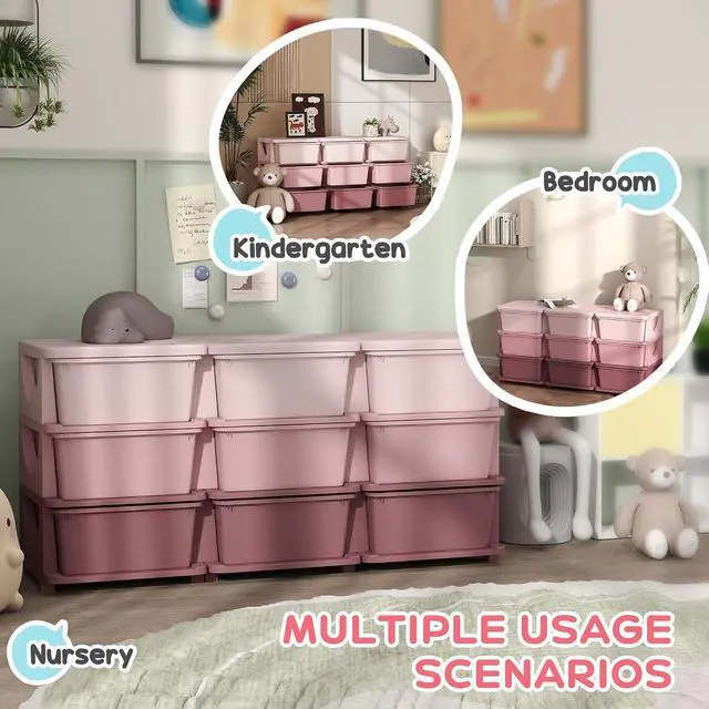 Alt view image 4 of 7 - Qaba 9 Drawers Kids Storage Unit 3 Tier Toy Organizers Pink | Stackable Storage Chest, Bedroom, Nursery, Playroom, Living Room, Boys, Girls, Toddlers