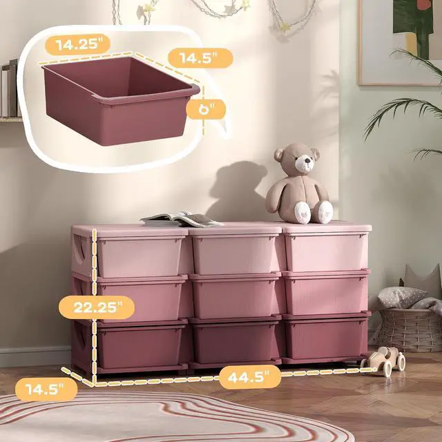 Alt view image 7 of 7 - Qaba 9 Drawers Kids Storage Unit 3 Tier Toy Organizers Pink | Stackable Storage Chest, Bedroom, Nursery, Playroom, Living Room, Boys, Girls, Toddlers
