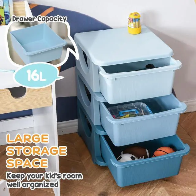 Alt view image 4 of 7 - Qaba 3 Drawers Kids Storage Unit 3 Tier Toy Organizers Blue | Stackable Storage Chest, Bedroom, Nursery, Playroom, Living Room, Boys, Girls, Toddlers