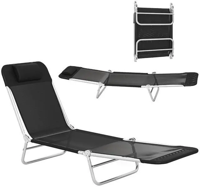 Main image of Folding Chaise Lounge Chair, Reclining Back, Black | Sun Tanning Chair for Outside, Breathable Mesh Seat, Headrest, Pool, Beach, Yard, Patio