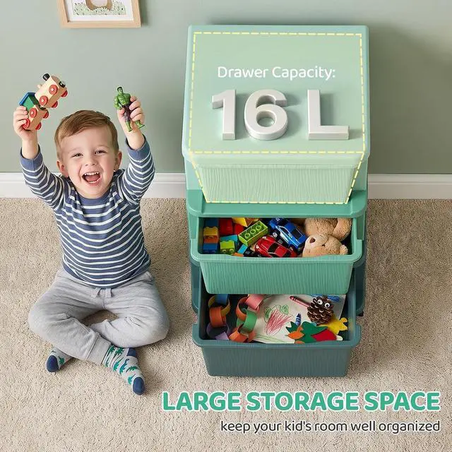 Alt view image 4 of 7 - Qaba 3 Drawers Kids Storage Unit 3 Tier Toy Organizers Green | Stackable Storage Chest, Bedroom, Nursery, Playroom, Living Room, Boys, Girls, Toddlers