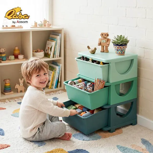 Alt view image 2 of 7 - Qaba 3 Drawers Kids Storage Unit 3 Tier Toy Organizers Green | Stackable Storage Chest, Bedroom, Nursery, Playroom, Living Room, Boys, Girls, Toddlers