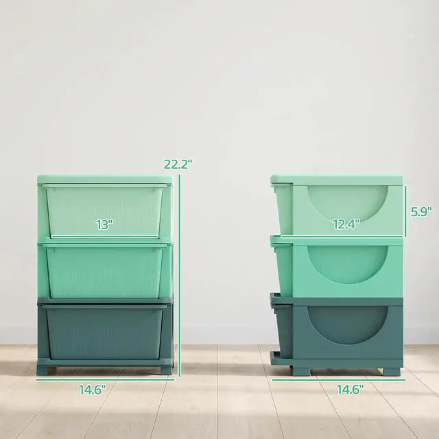 Alt view image 3 of 7 - Qaba 3 Drawers Kids Storage Unit 3 Tier Toy Organizers Green | Stackable Storage Chest, Bedroom, Nursery, Playroom, Living Room, Boys, Girls, Toddlers