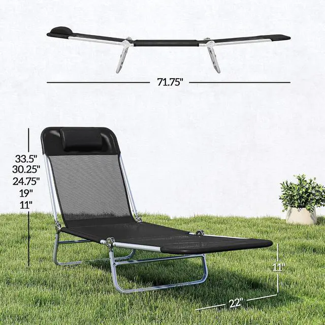 Alt view image 3 of 7 - Folding Chaise Lounge Chair, Reclining Back, Black | Sun Tanning Chair for Outside, Breathable Mesh Seat, Headrest, Pool, Beach, Yard, Patio
