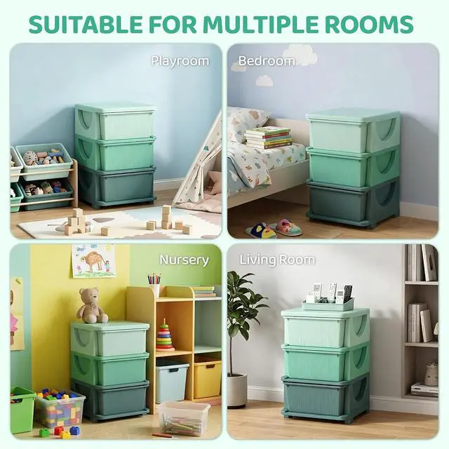 Alt view image 6 of 7 - Qaba 3 Drawers Kids Storage Unit 3 Tier Toy Organizers Green | Stackable Storage Chest, Bedroom, Nursery, Playroom, Living Room, Boys, Girls, Toddlers
