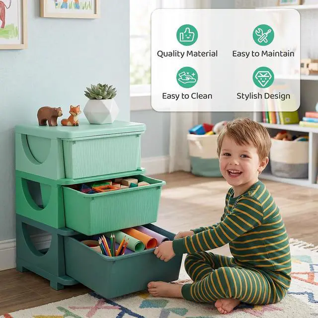 Alt view image 7 of 7 - Qaba 3 Drawers Kids Storage Unit 3 Tier Toy Organizers Green | Stackable Storage Chest, Bedroom, Nursery, Playroom, Living Room, Boys, Girls, Toddlers