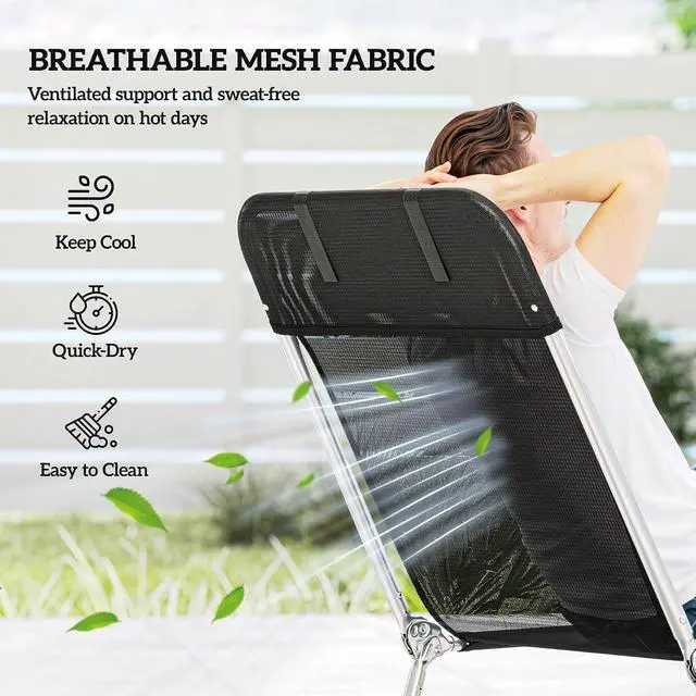 Alt view image 5 of 7 - Folding Chaise Lounge Chair, Reclining Back, Black | Sun Tanning Chair for Outside, Breathable Mesh Seat, Headrest, Pool, Beach, Yard, Patio