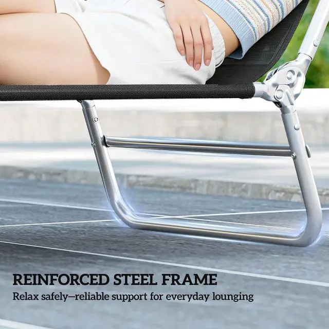 Alt view image 7 of 7 - Folding Chaise Lounge Chair, Reclining Back, Black | Sun Tanning Chair for Outside, Breathable Mesh Seat, Headrest, Pool, Beach, Yard, Patio