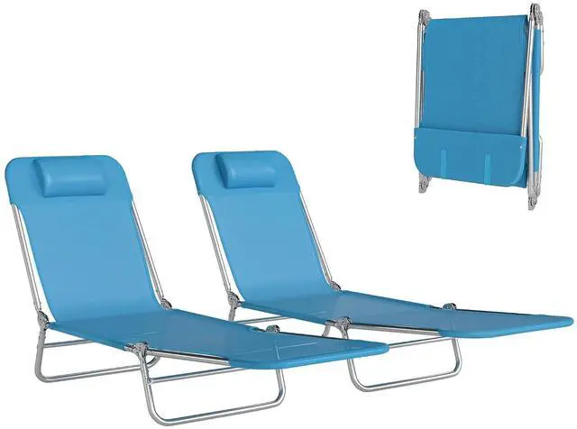 Main image of 2 Piece Folding Chaise Lounge Chairs, Reclining Back, Blue | Sun Tanning Chairs for Outside, Breathable Mesh Seat, Headrest, Pool, Beach, Yard, Patio