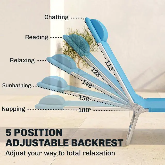Alt view image 4 of 7 - 2 Piece Folding Chaise Lounge Chairs, Reclining Back, Blue | Sun Tanning Chairs for Outside, Breathable Mesh Seat, Headrest, Pool, Beach, Yard, Patio