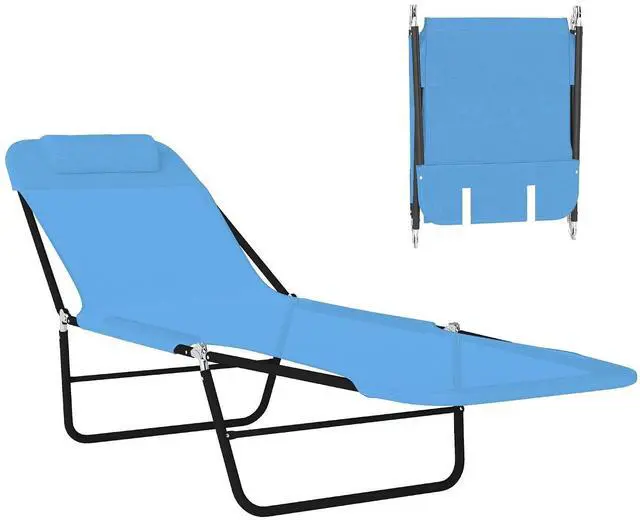 Main image of Folding Chaise Lounge Chair, Reclining Back, Blue | Sun Tanning Chair for Outside, Breathable Mesh Seat, Headrest, Pool, Beach, Yard, Patio