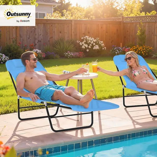 Alt view image 2 of 7 - Folding Chaise Lounge Chair, Reclining Back, Blue | Sun Tanning Chair for Outside, Breathable Mesh Seat, Headrest, Pool, Beach, Yard, Patio