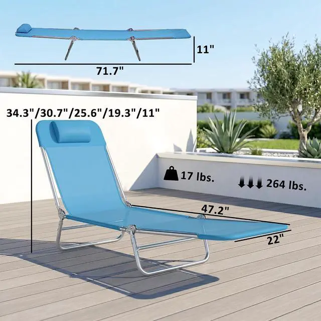 Alt view image 7 of 7 - 2 Piece Folding Chaise Lounge Chairs, Reclining Back, Blue | Sun Tanning Chairs for Outside, Breathable Mesh Seat, Headrest, Pool, Beach, Yard, Patio