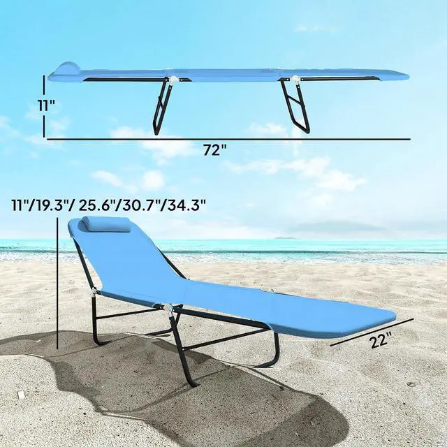 Alt view image 3 of 7 - Folding Chaise Lounge Chair, Reclining Back, Blue | Sun Tanning Chair for Outside, Breathable Mesh Seat, Headrest, Pool, Beach, Yard, Patio