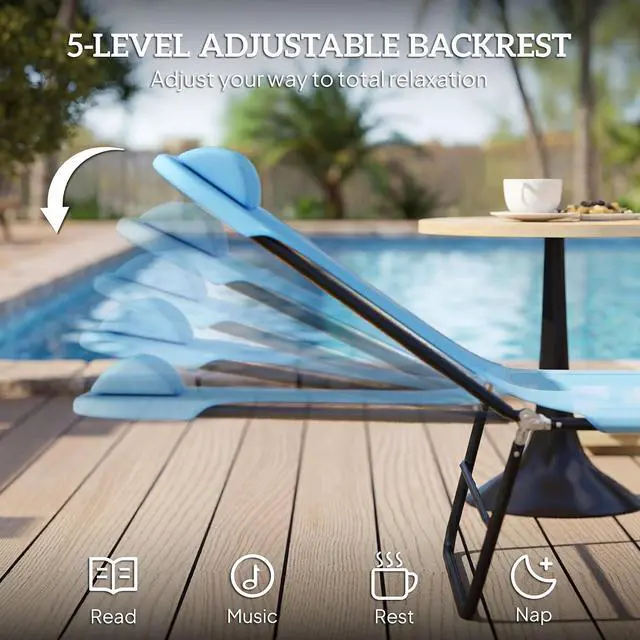 Alt view image 4 of 7 - Folding Chaise Lounge Chair, Reclining Back, Blue | Sun Tanning Chair for Outside, Breathable Mesh Seat, Headrest, Pool, Beach, Yard, Patio