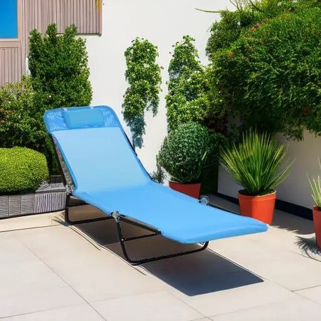 Alt view image 6 of 7 - Folding Chaise Lounge Chair, Reclining Back, Blue | Sun Tanning Chair for Outside, Breathable Mesh Seat, Headrest, Pool, Beach, Yard, Patio