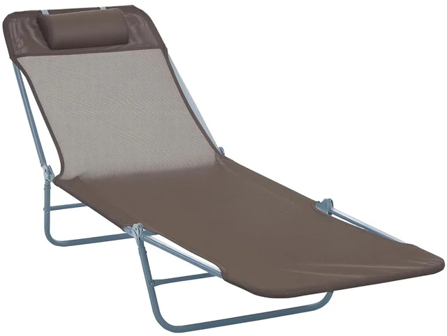 Main image of Folding Chaise Lounge Chair, Reclining Back, Brown | Sun Tanning Chair for Outside, Breathable Mesh Seat, Headrest, Pool, Beach, Yard, Patio