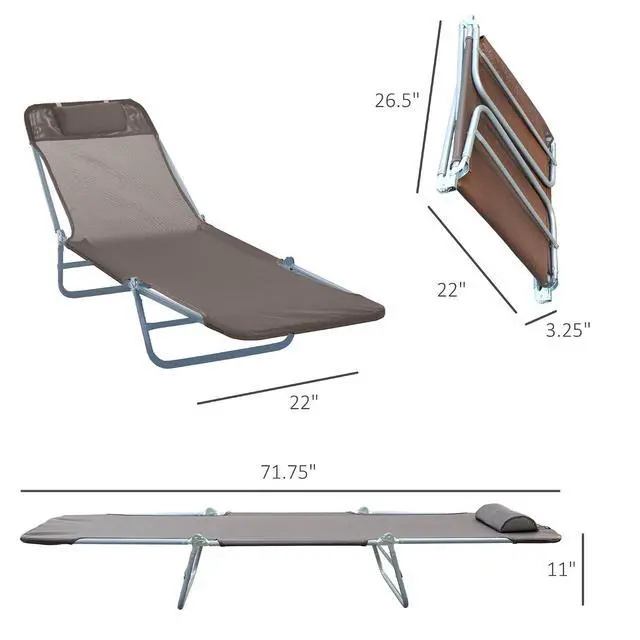 Alt view image 3 of 7 - Folding Chaise Lounge Chair, Reclining Back, Brown | Sun Tanning Chair for Outside, Breathable Mesh Seat, Headrest, Pool, Beach, Yard, Patio
