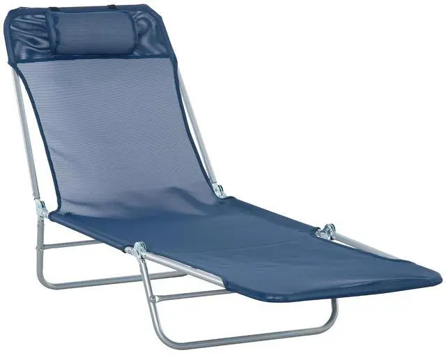 Main image of Folding Chaise Lounge Chair, Reclining Back, Dark Blue | Sun Tanning Chair for Outside, Breathable Mesh Seat, Headrest, Pool, Beach, Yard, Patio