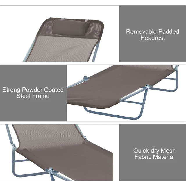 Alt view image 5 of 7 - Folding Chaise Lounge Chair, Reclining Back, Brown | Sun Tanning Chair for Outside, Breathable Mesh Seat, Headrest, Pool, Beach, Yard, Patio